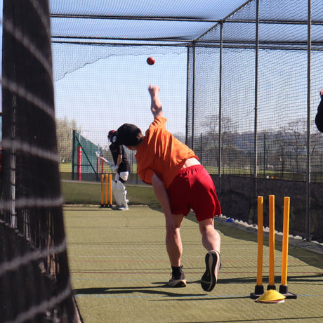 Person practicing cricket batting in a outdoor net with a ball in hand