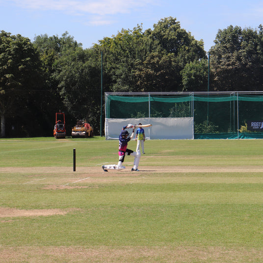 Cricketers playing on a grass field with trees in the background