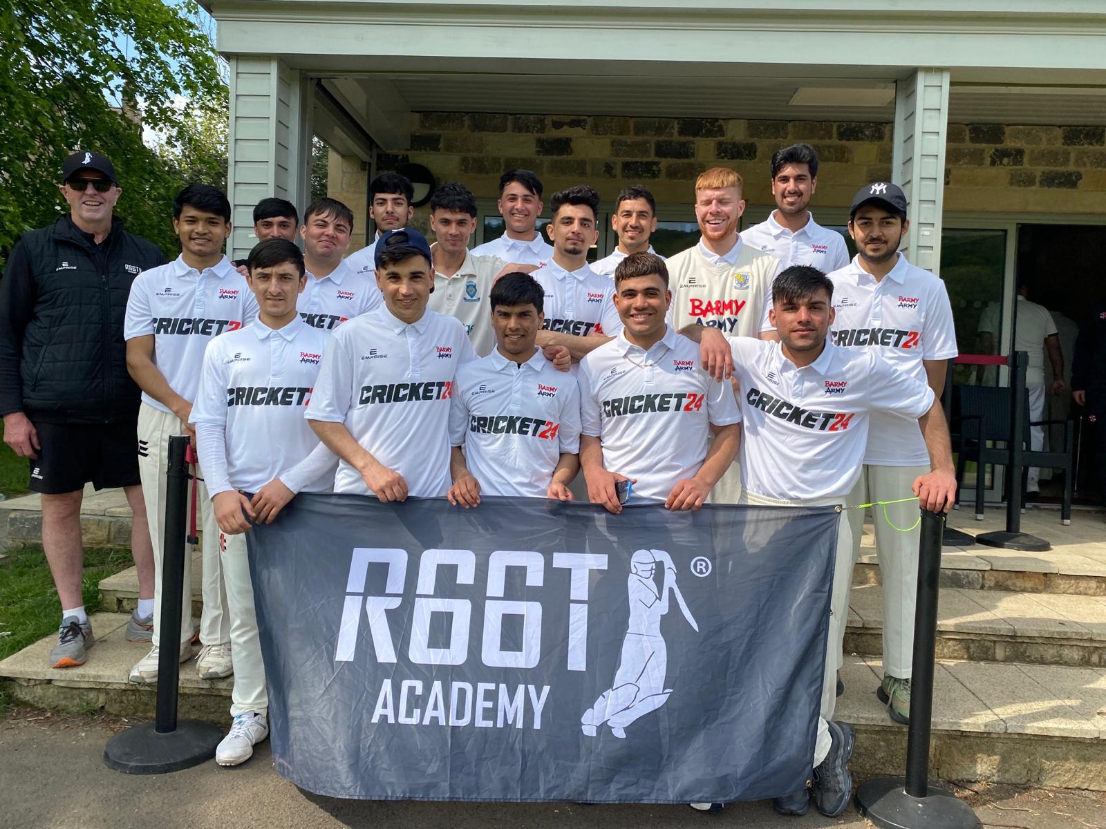 Sheffield College cricket team group photo holding a 'R66T Academy' flag