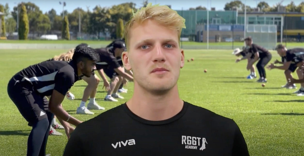 Dillon Pennington with a background of players catching cricket balls