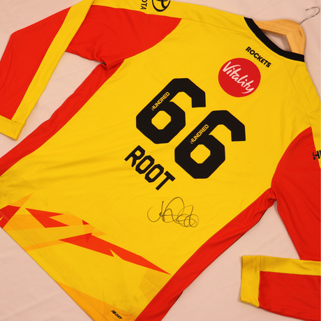 Yellow and red Trent Rockets Shirt signed by England Cricketer Joe Root