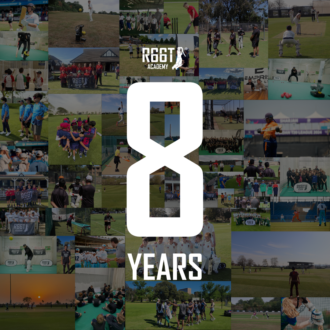 Graphic with collage of R66T Academy imagery with 8 Years in white on the front with a white R66T Academy logo