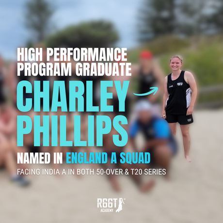 Image with female cricketer, Charley Philips, that reads 'High Performance Program Graduate Charley Philips is named in the England A Squad to face India A in both 50-over and T20 Series.'