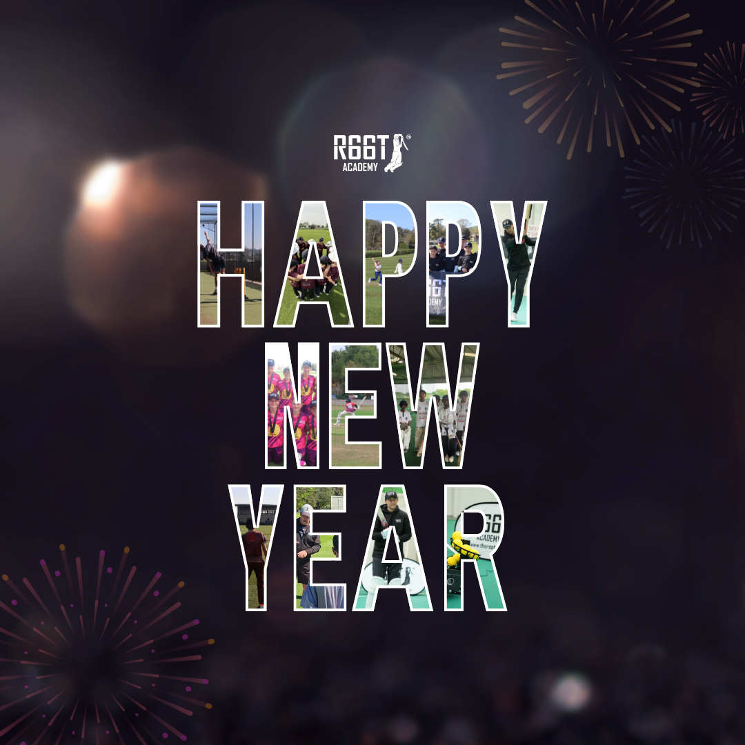 Happy New Year collage with R66T Academy cricket imagery