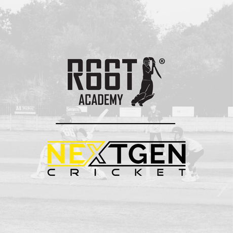 Black and white cricket background featuring a field and players with a black R66T Academy logo and yellow and black Next Gen Cricket Academy logo