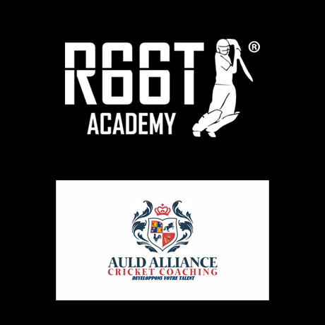 White R66T Academy logo with Auld Alliance Cricket Coachings logo on a black background