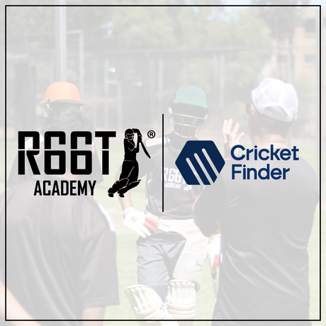 The R66T Academy black logo and Cricket Finder Navy logo on a transparent background of cricketers speaking.