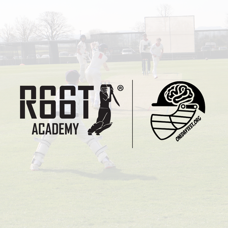 R66T Academy black logo next to One Day Test black logo on a background of a cricket field with players
