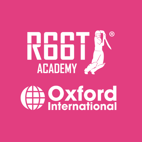 Pink background with white R66T Academy logo and white Oxford International logo.