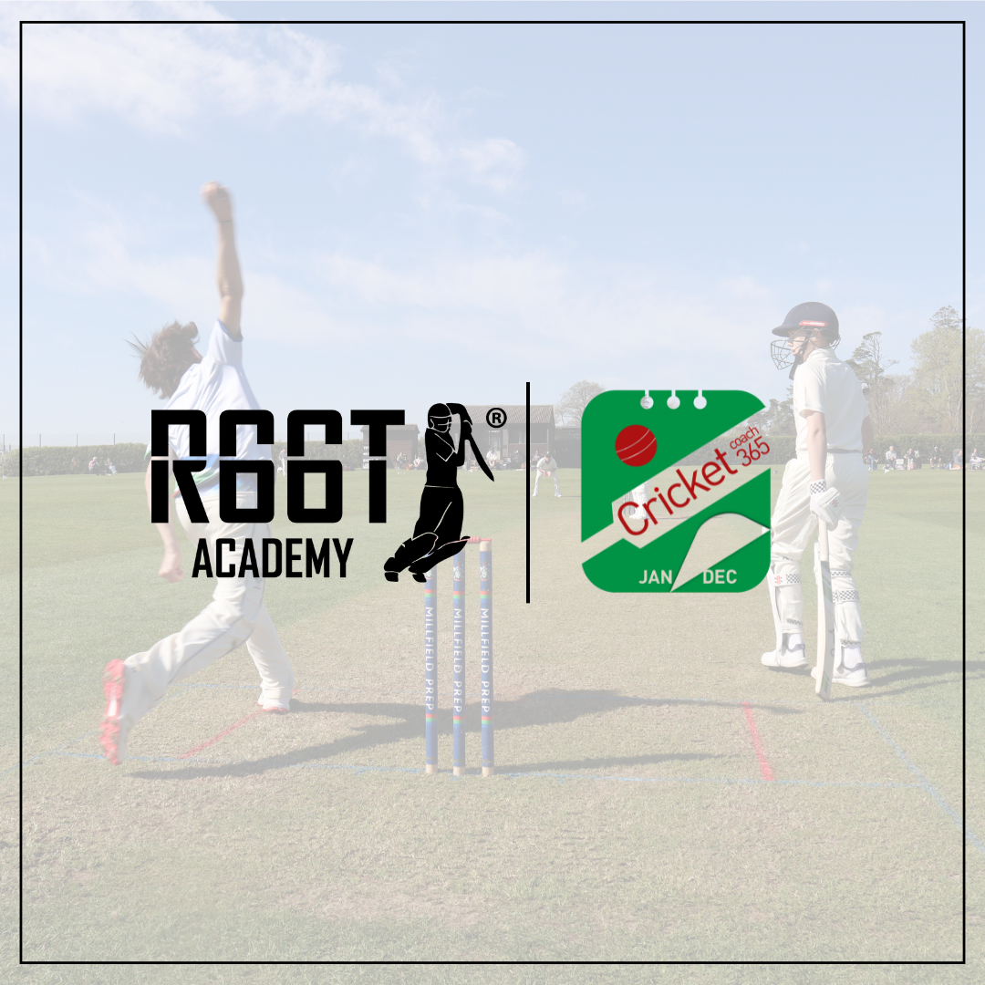 R66T Academy Black Logo with Cricket Coach 365 Green and Red Logo on an image of young children playing cricket