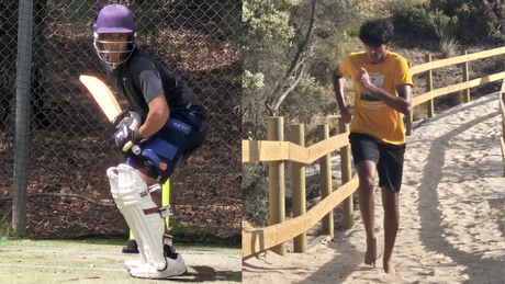 Two cricket players challenging themselves batting and running