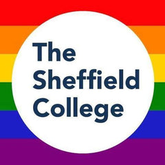 The Sheffield College logo on a rainbow flag background