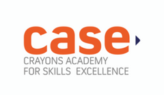 Logo of Case Crayons Academy for Skills Excellence with orange and white text on a blue background.