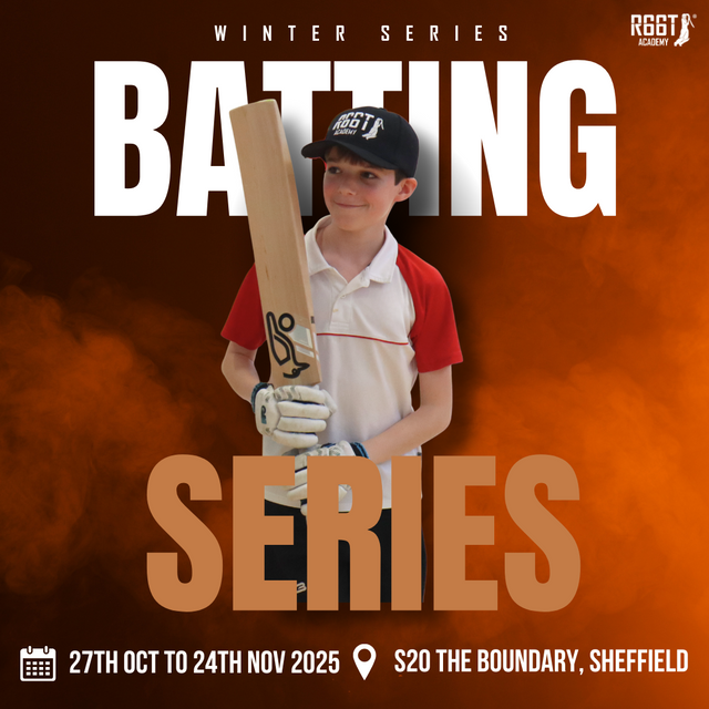 Promotional poster for a cricket batting series with a child holding a bat and wearing a cap.