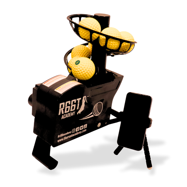 Automatic cricket bowling machine with yellow balls and a black frame with 'R66T Academy' branding