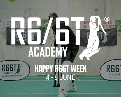 Joe Root playing cricket on a green field with R66T Academy branding.