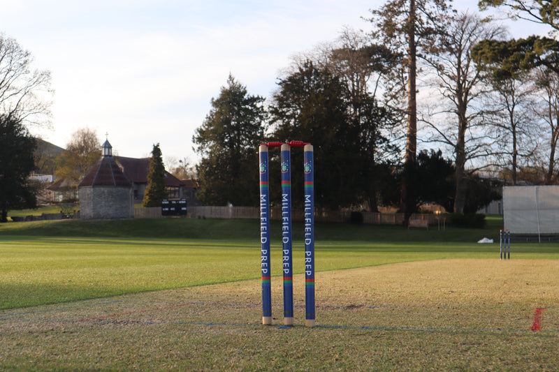 Cricket stumps on a grassy field with trees and buildings in the background
