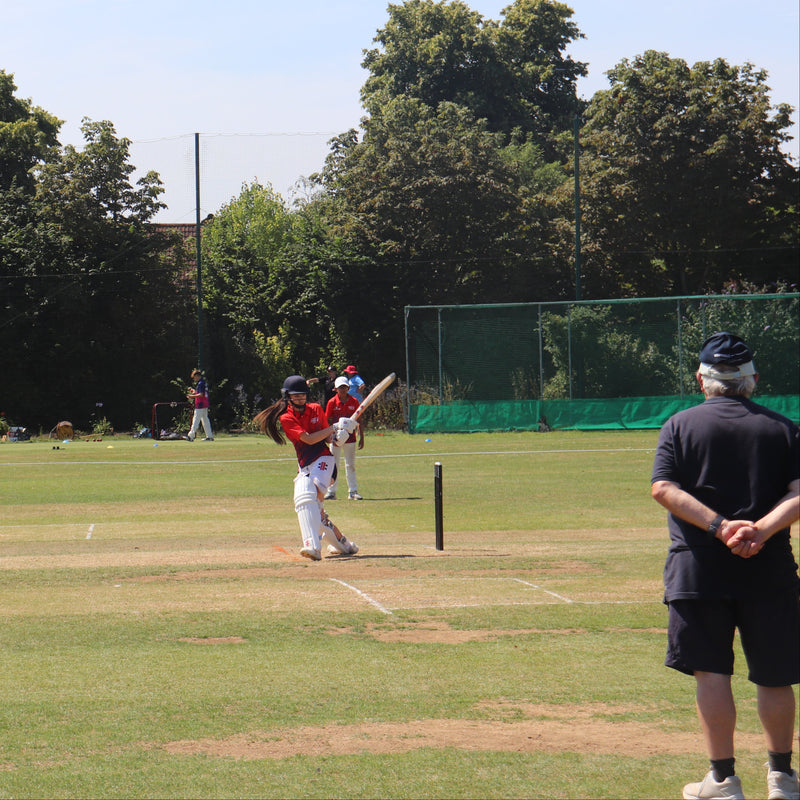 Cricketers playing on a grass field with trees in the background