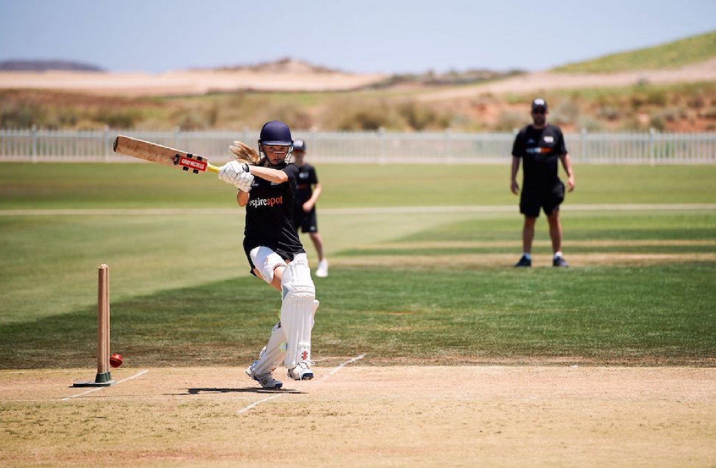 Person playing cricket on a field with a clear sky