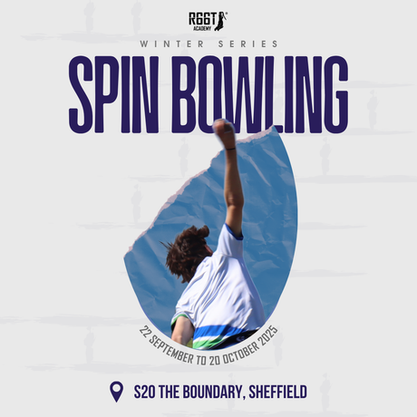 Promotional poster for a spin bowling event with a person bowling, set against a white background.